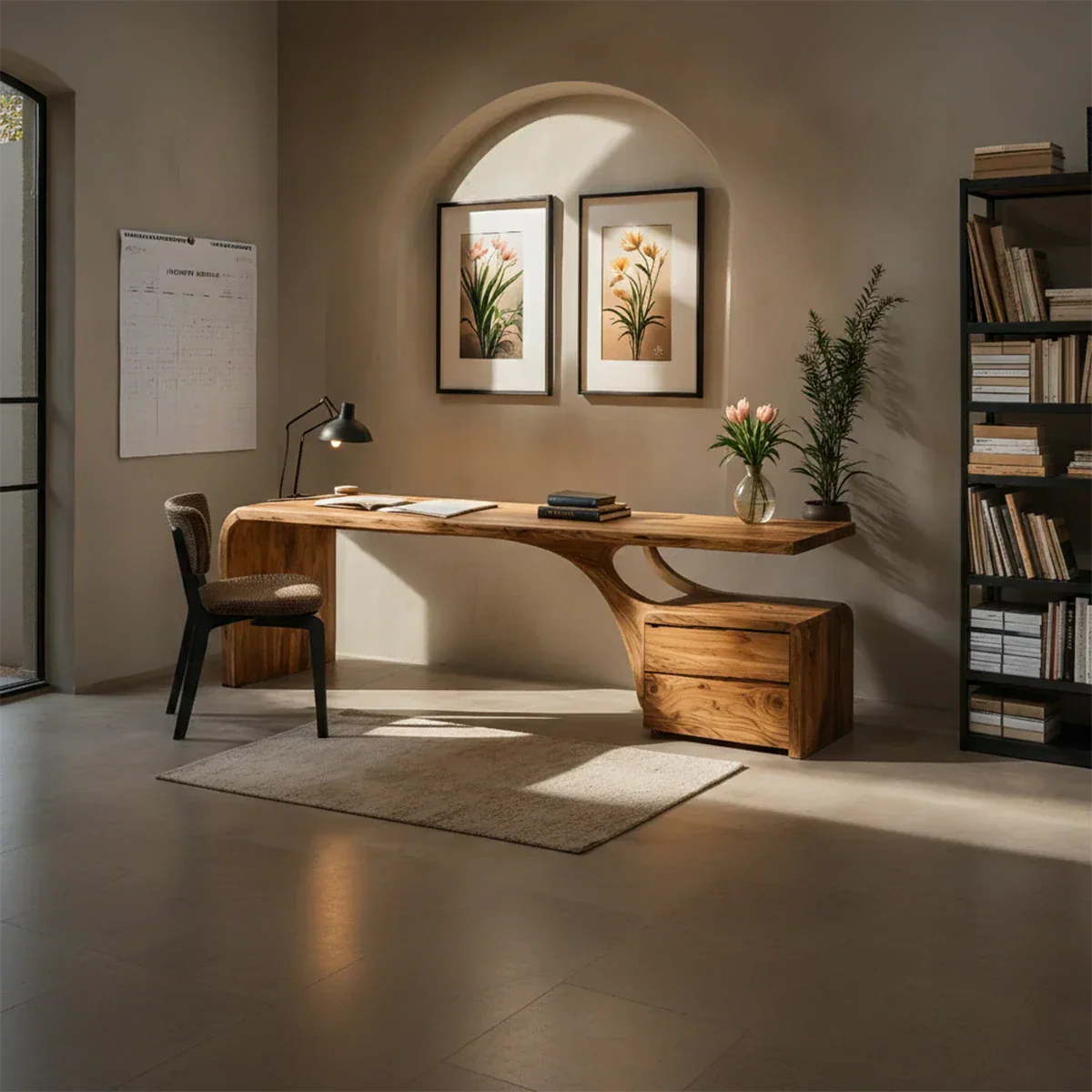 Sculptural Solid Wood Desk with Rustic Curved Base & Storage - Rustirawood