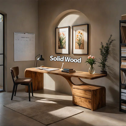 Sculptural Solid Wood Desk with Rustic Curved Base & Storage - Rustirawood