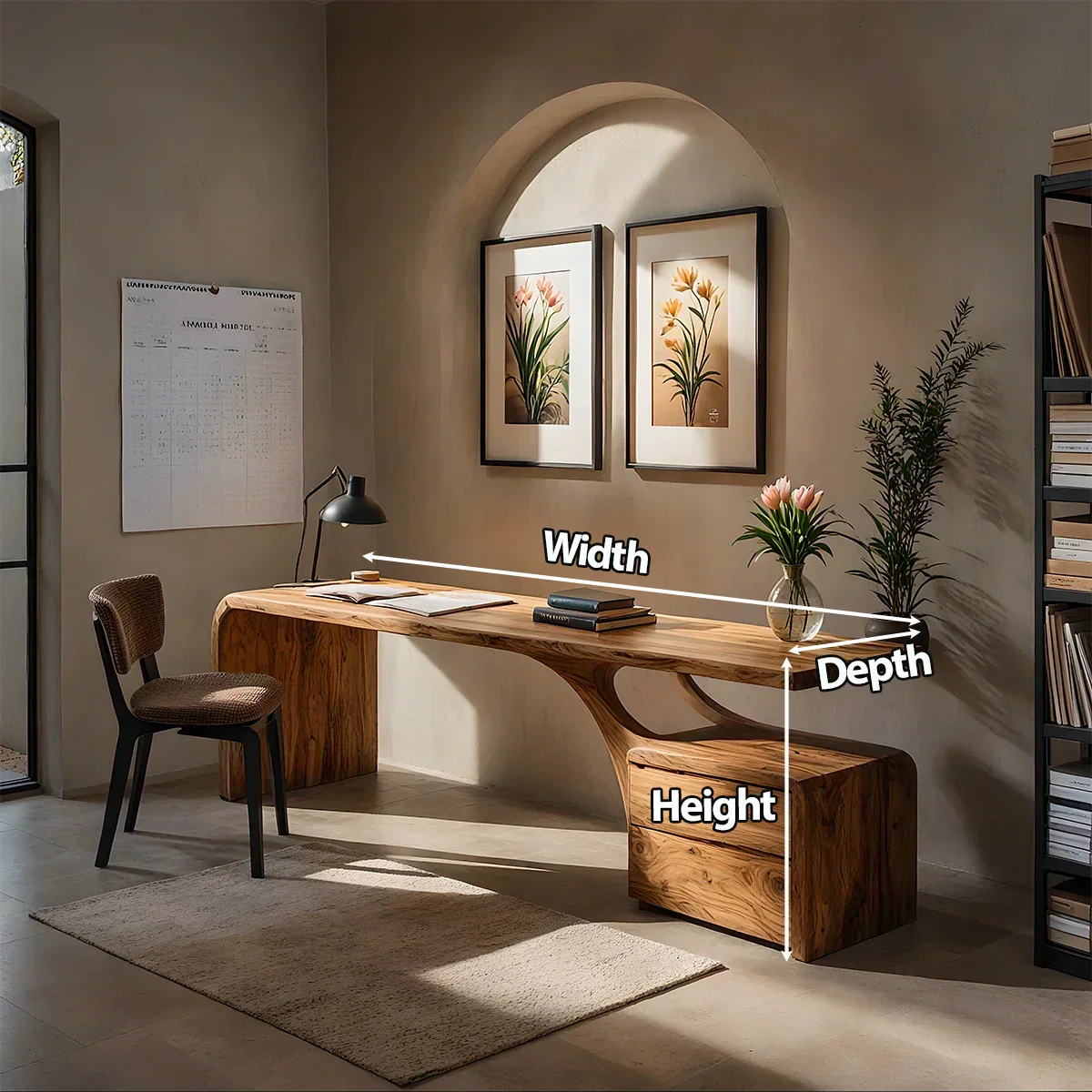 Sculptural Solid Wood Desk with Rustic Curved Base & Storage - Rustirawood