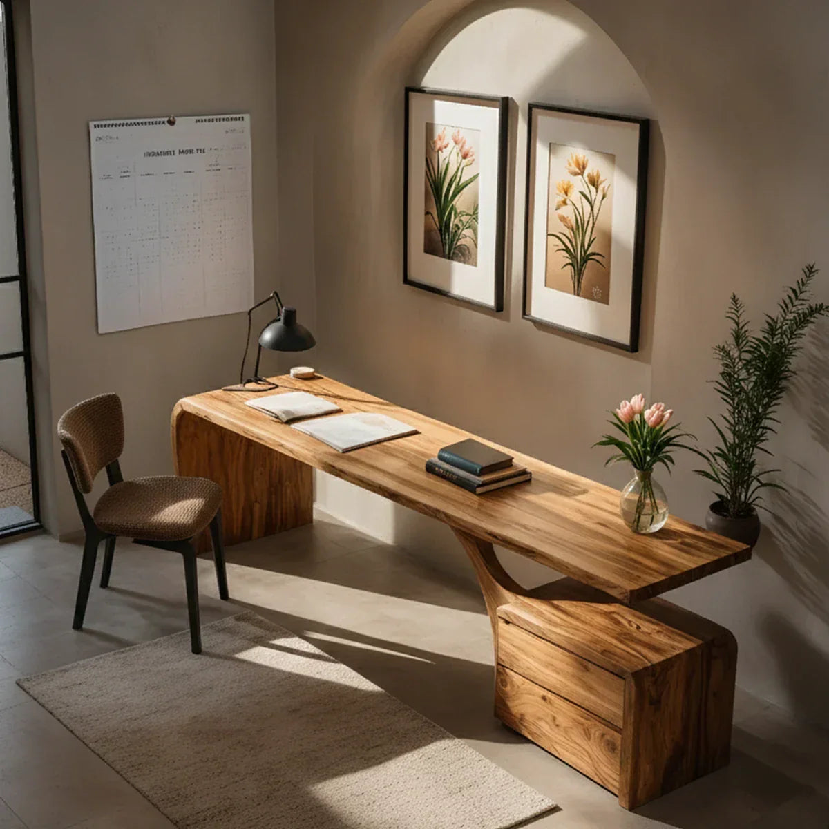 Sculptural Solid Wood Desk with Rustic Curved Base & Storage - Rustirawood