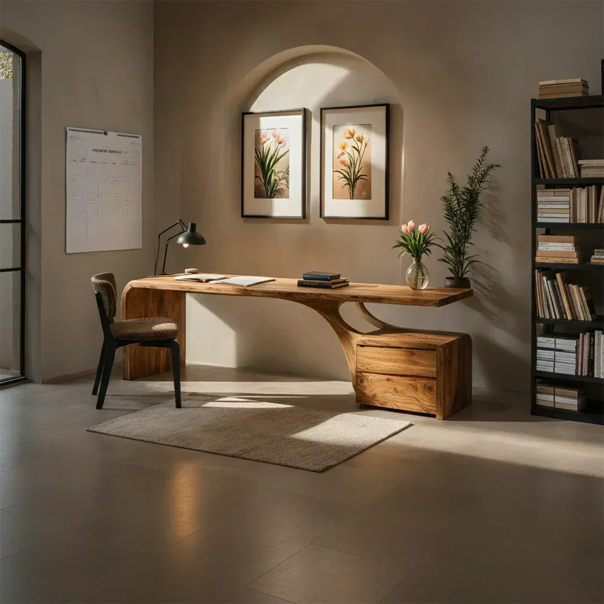 Sculptural Solid Wood Desk with Rustic Curved Base & Storage - Woodenecho