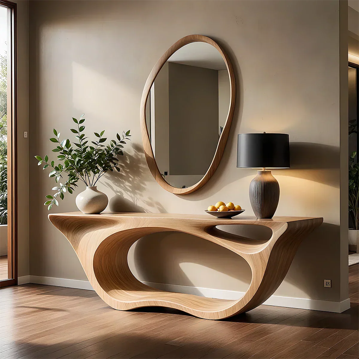 Sculptural Walnut Finish Console Table – Double Loop Wood Design - Rustirawood