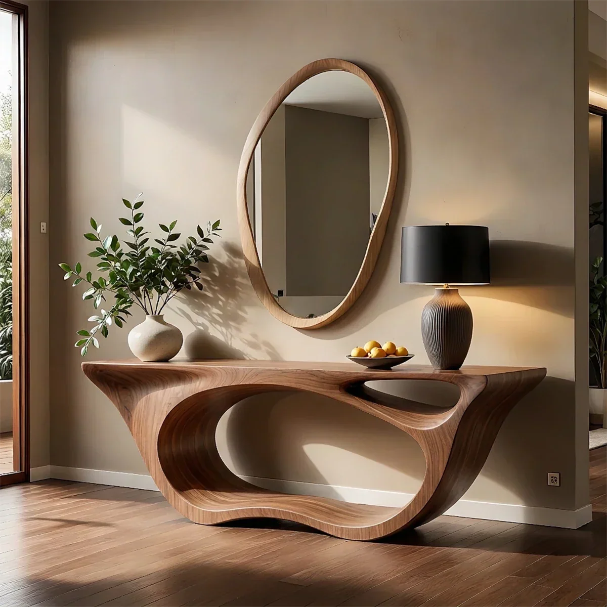 Sculptural Walnut Finish Console Table – Double Loop Wood Design - Rustirawood