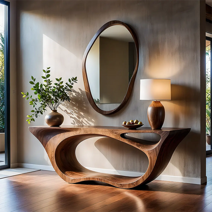 Sculptural Walnut Finish Console Table – Double Loop Wood Design - Woodenecho