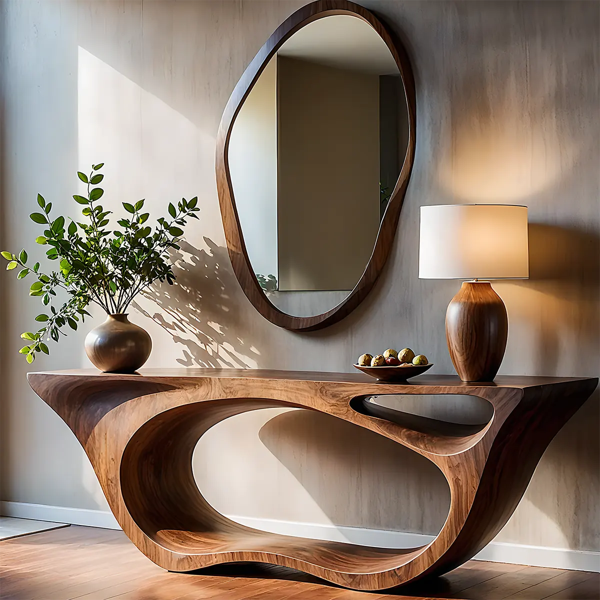 Sculptural Walnut Finish Console Table – Double Loop Wood Design - Woodenecho