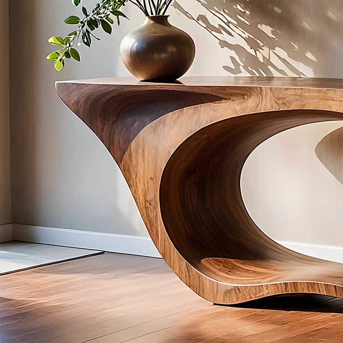 Sculptural Walnut Finish Console Table – Double Loop Wood Design - Woodenecho