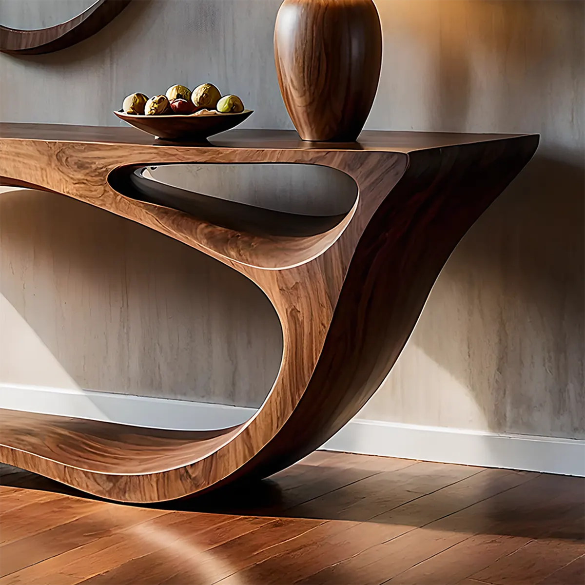 Sculptural Walnut Finish Console Table – Double Loop Wood Design - Woodenecho
