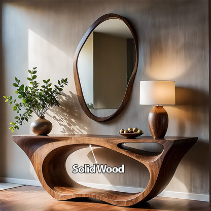 Sculptural Walnut Finish Console Table – Double Loop Wood Design - Woodenecho