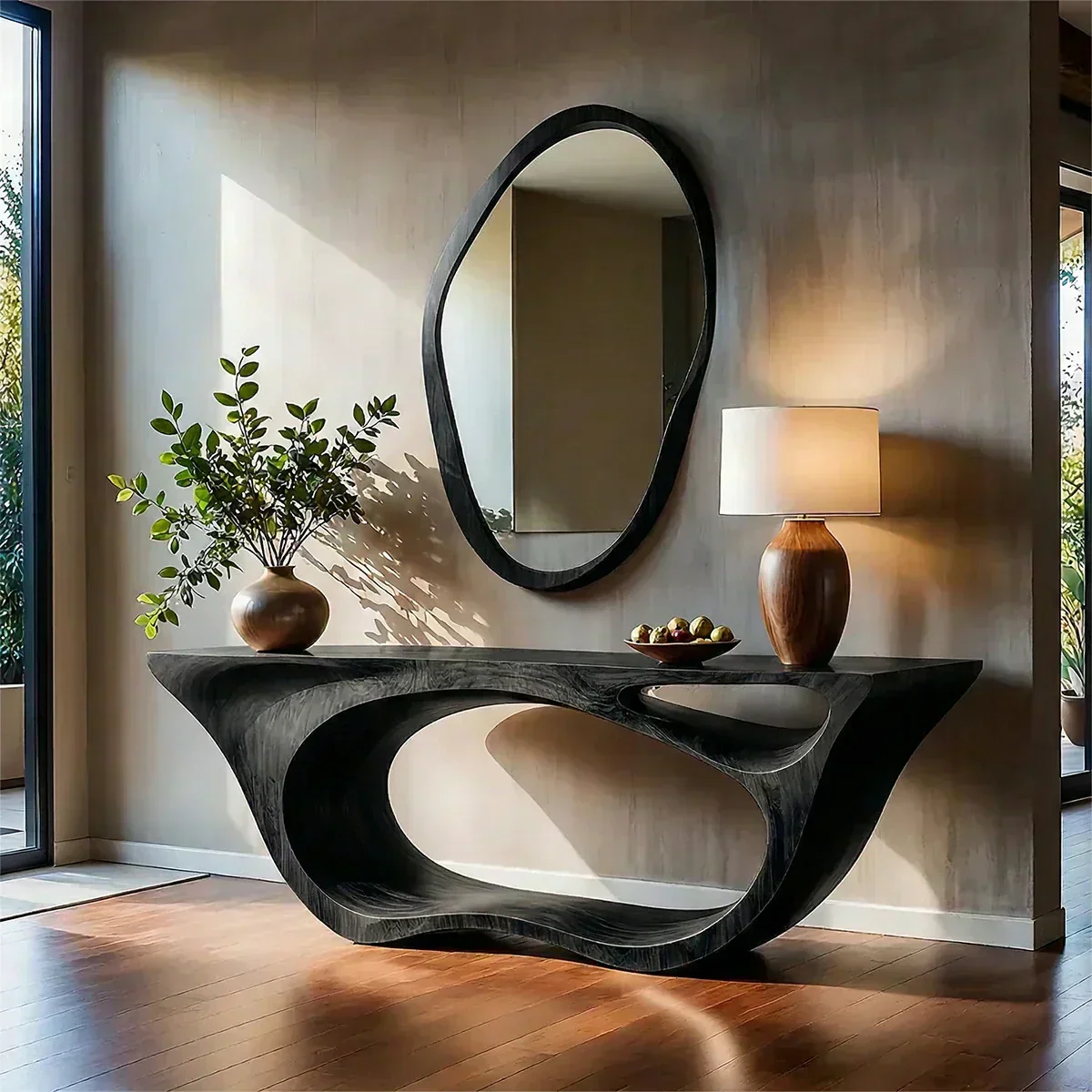 Sculptural Walnut Finish Console Table – Double Loop Wood Design - Woodenecho