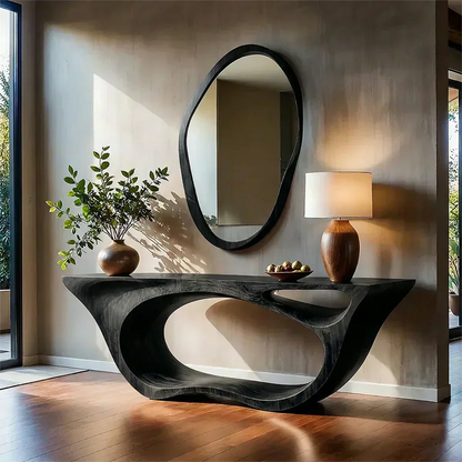 Sculptural Walnut Finish Console Table – Double Loop Wood Design - Woodenecho