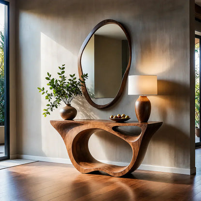 Sculptural Walnut Finish Console Table – Double Loop Wood Design - Woodenecho