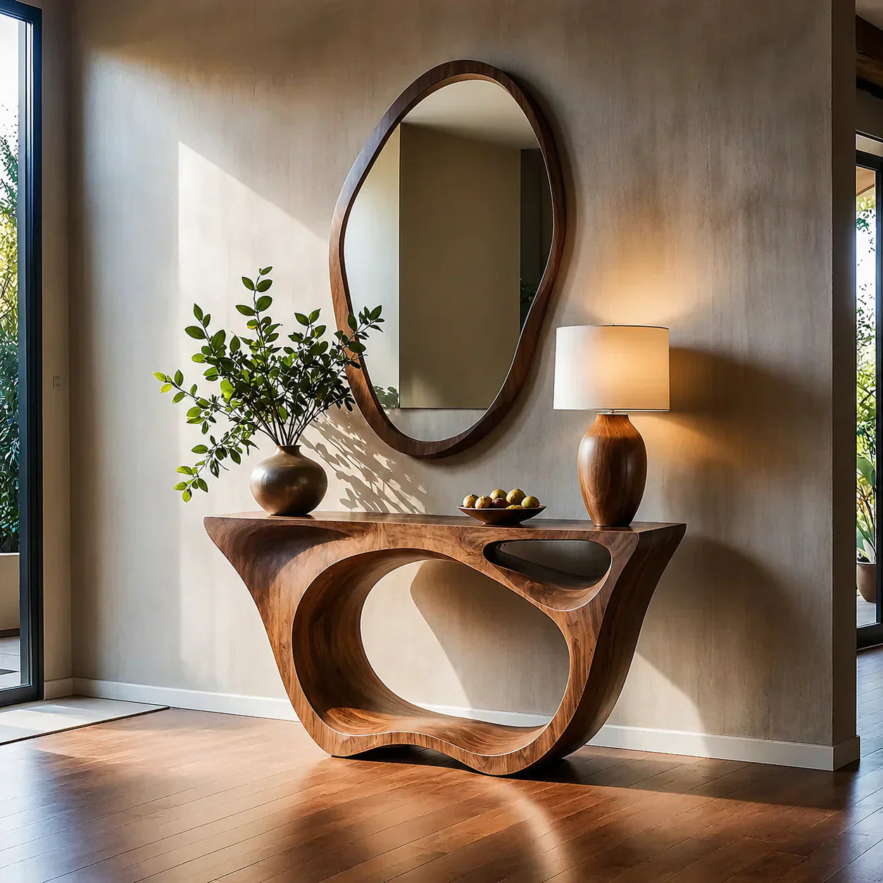 Sculptural Walnut Finish Console Table – Double Loop Wood Design - Woodenecho