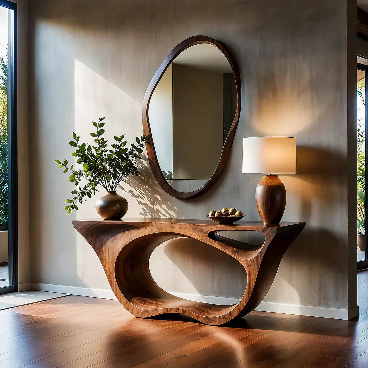 Sculptural Walnut Finish Console Table – Double Loop Wood Design - Woodenecho