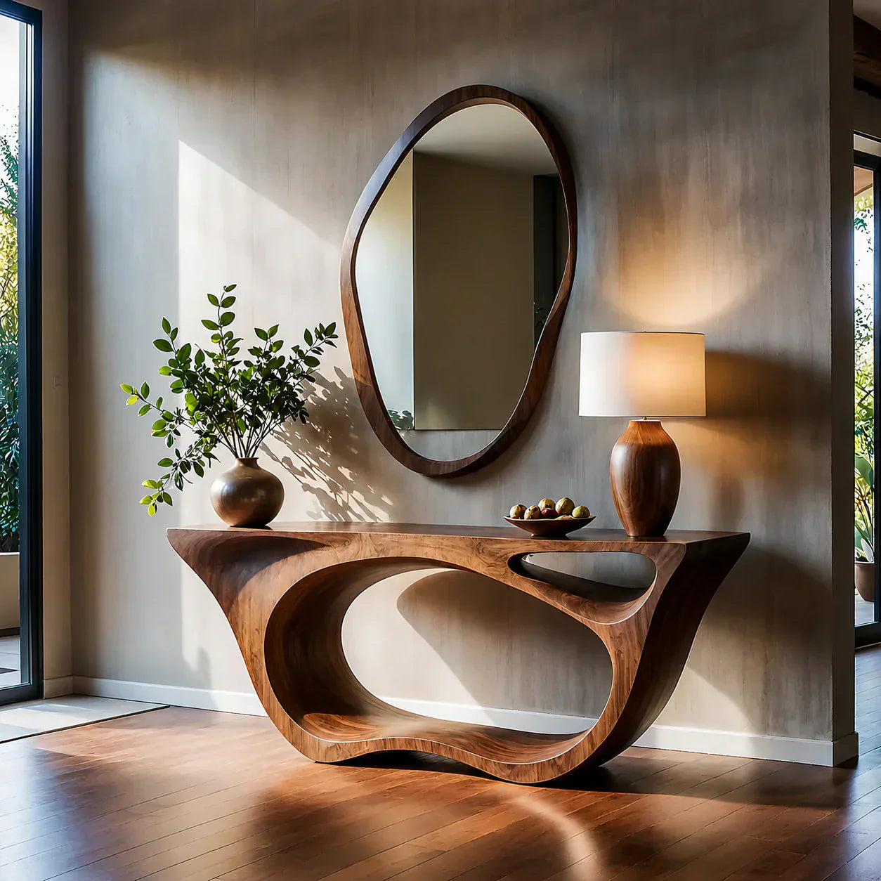 Sculptural Walnut Finish Console Table – Double Loop Wood Design - Woodenecho