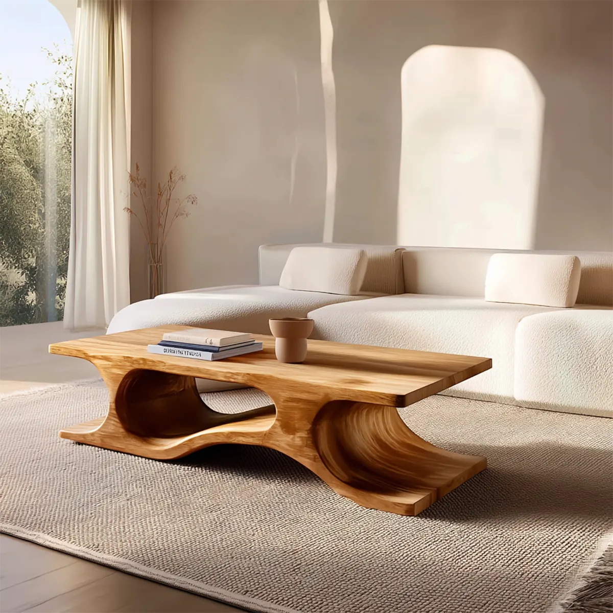 Sculptural Wave Base Coffee Table in Organic Natural Solid Wood - Rustirawood