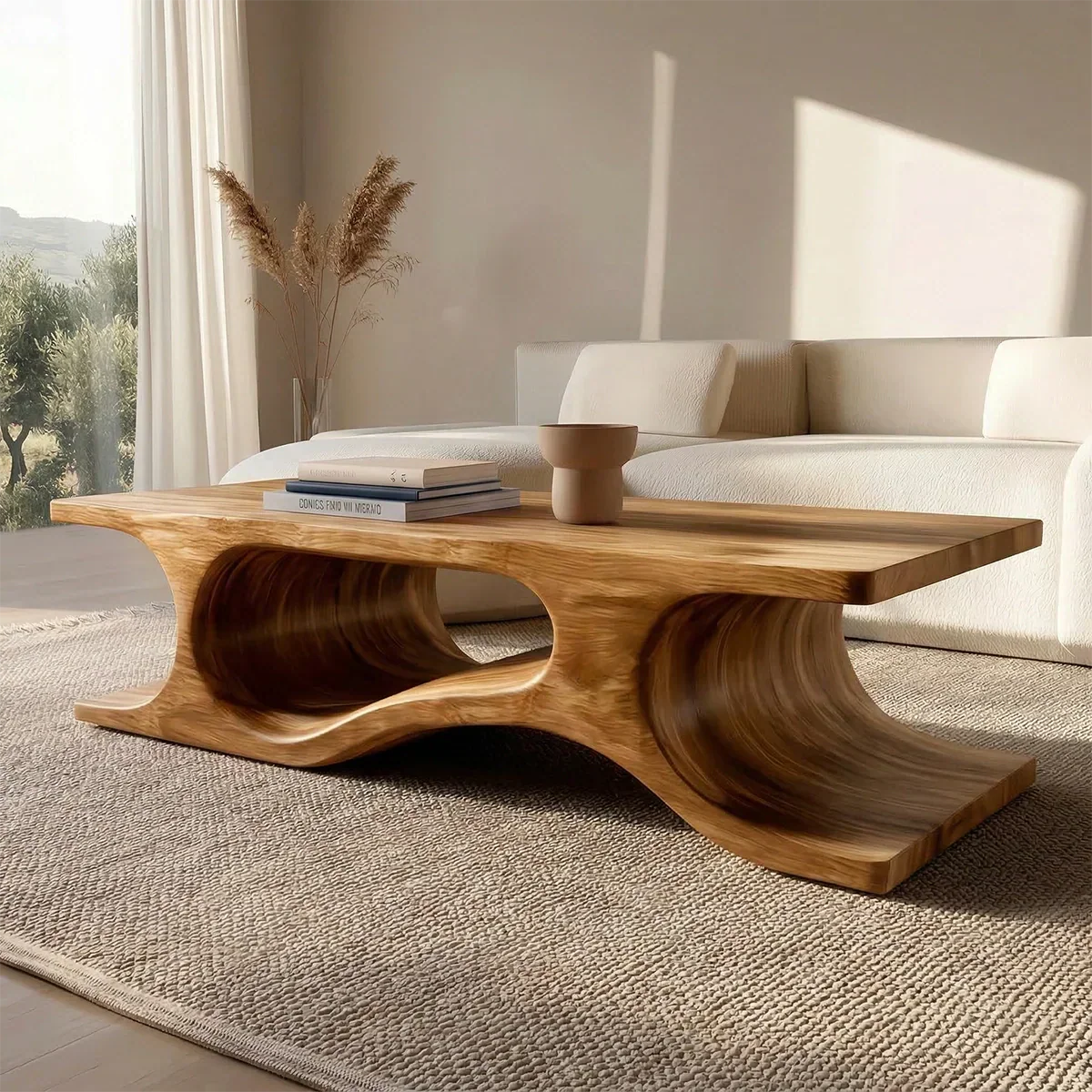 Sculptural Wave Base Coffee Table in Organic Natural Solid Wood - Rustirawood
