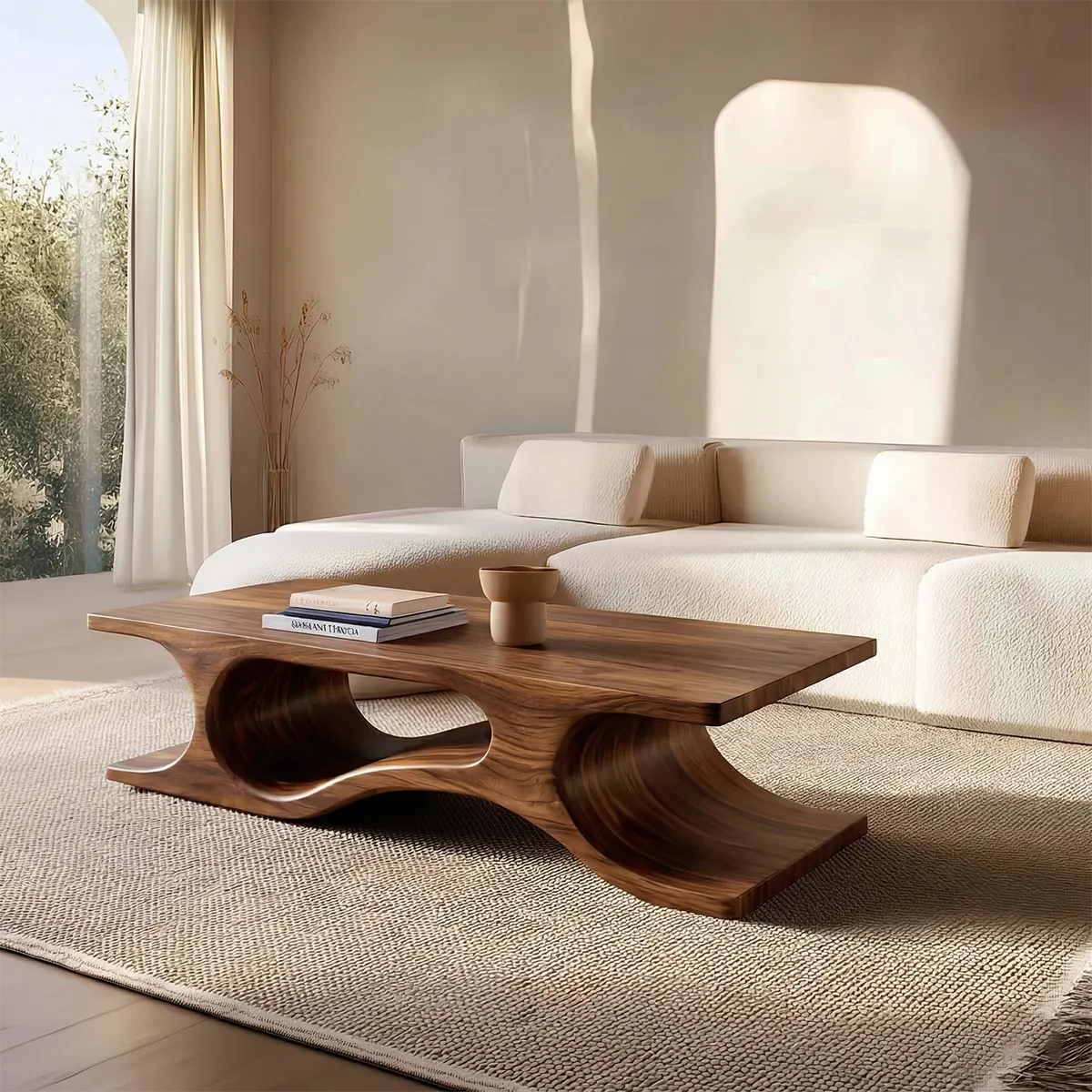 Sculptural Wave Base Coffee Table in Organic Natural Solid Wood - Rustirawood