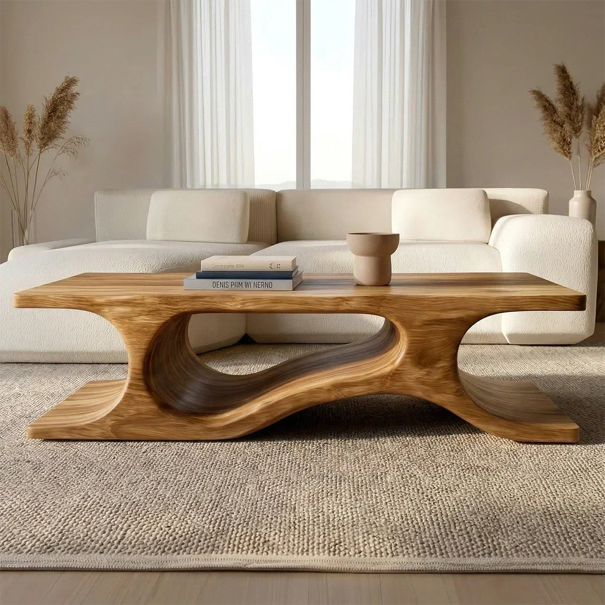 Sculptural Wave Base Coffee Table in Organic Natural Solid Wood - Rustirawood