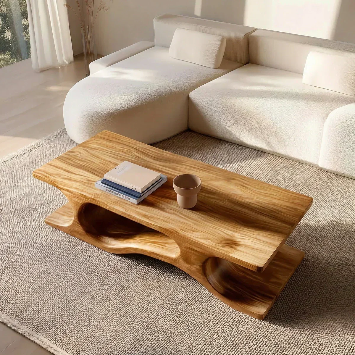 Sculptural Wave Base Coffee Table in Organic Natural Solid Wood - Woodenecho