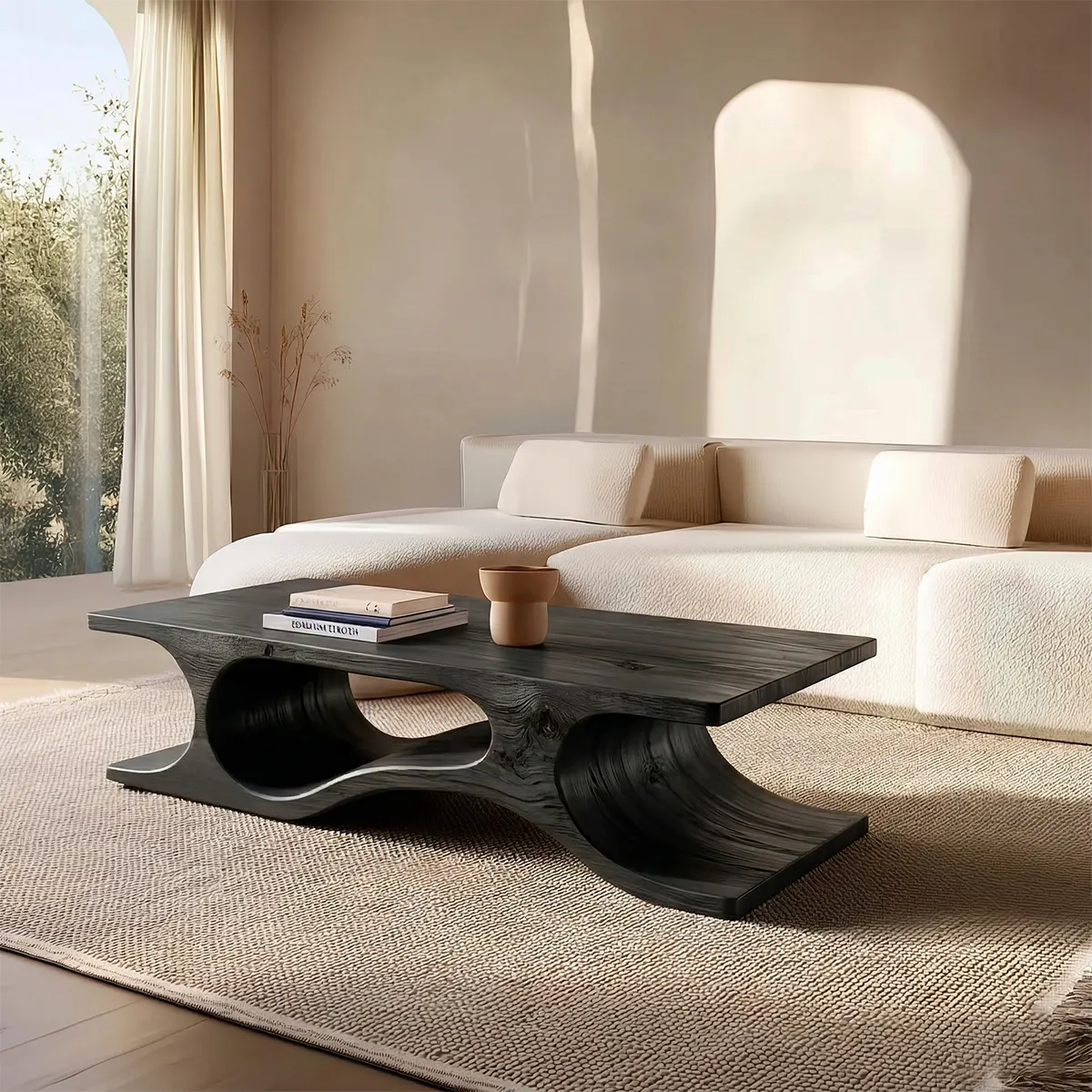 Sculptural Wave Base Coffee Table in Organic Natural Solid Wood - Woodenecho
