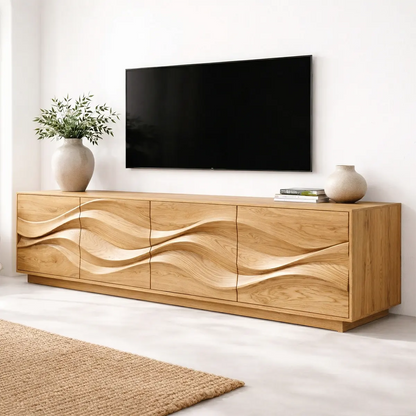 Sculptural Wave Front Solid Wood TV Stand with Storage Cabinets - Rustirawood