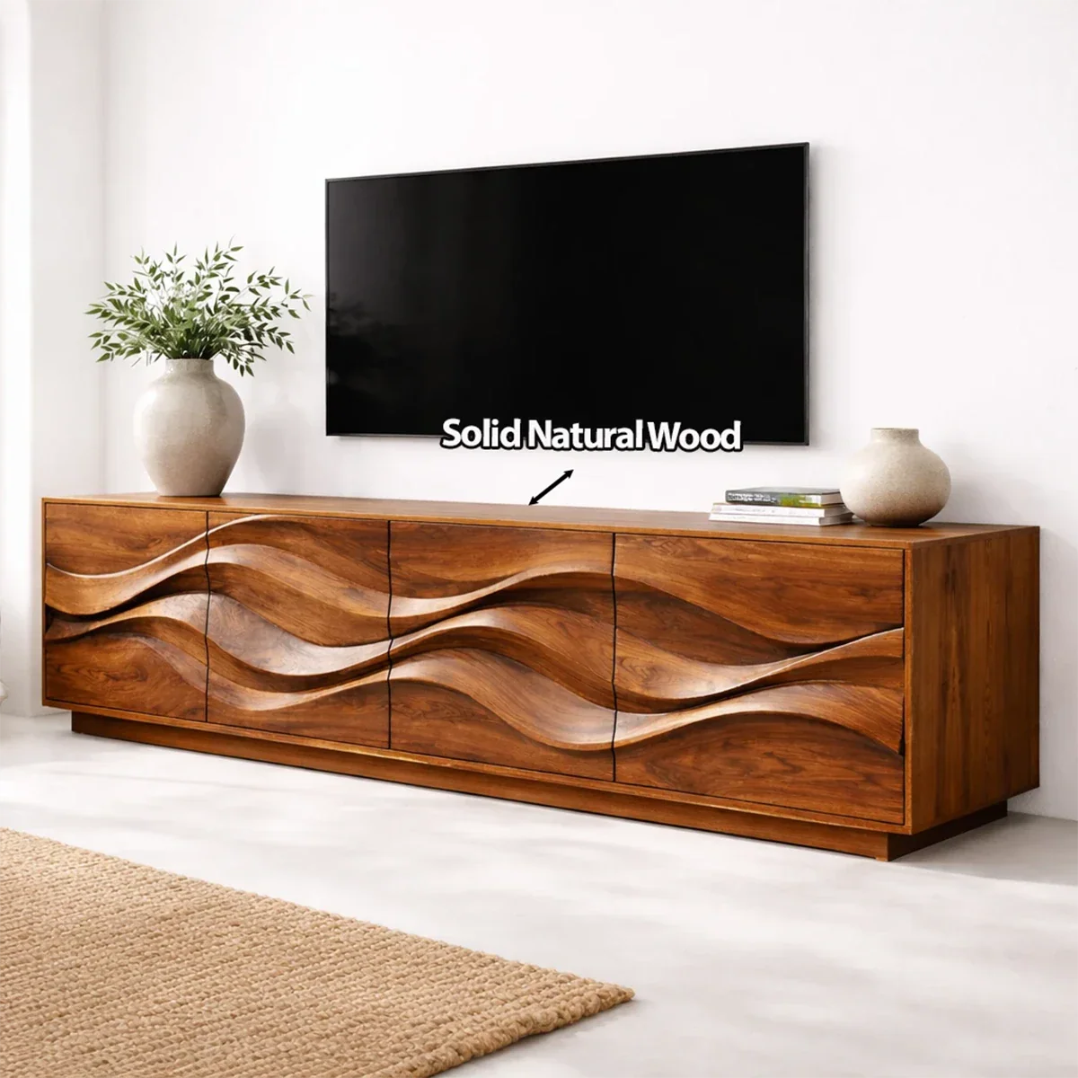 Sculptural Wave Front Solid Wood TV Stand with Storage Cabinets - Rustirawood