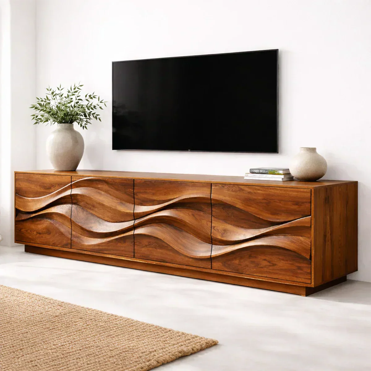 Sculptural Wave Front Solid Wood TV Stand with Storage Cabinets - Woodenecho