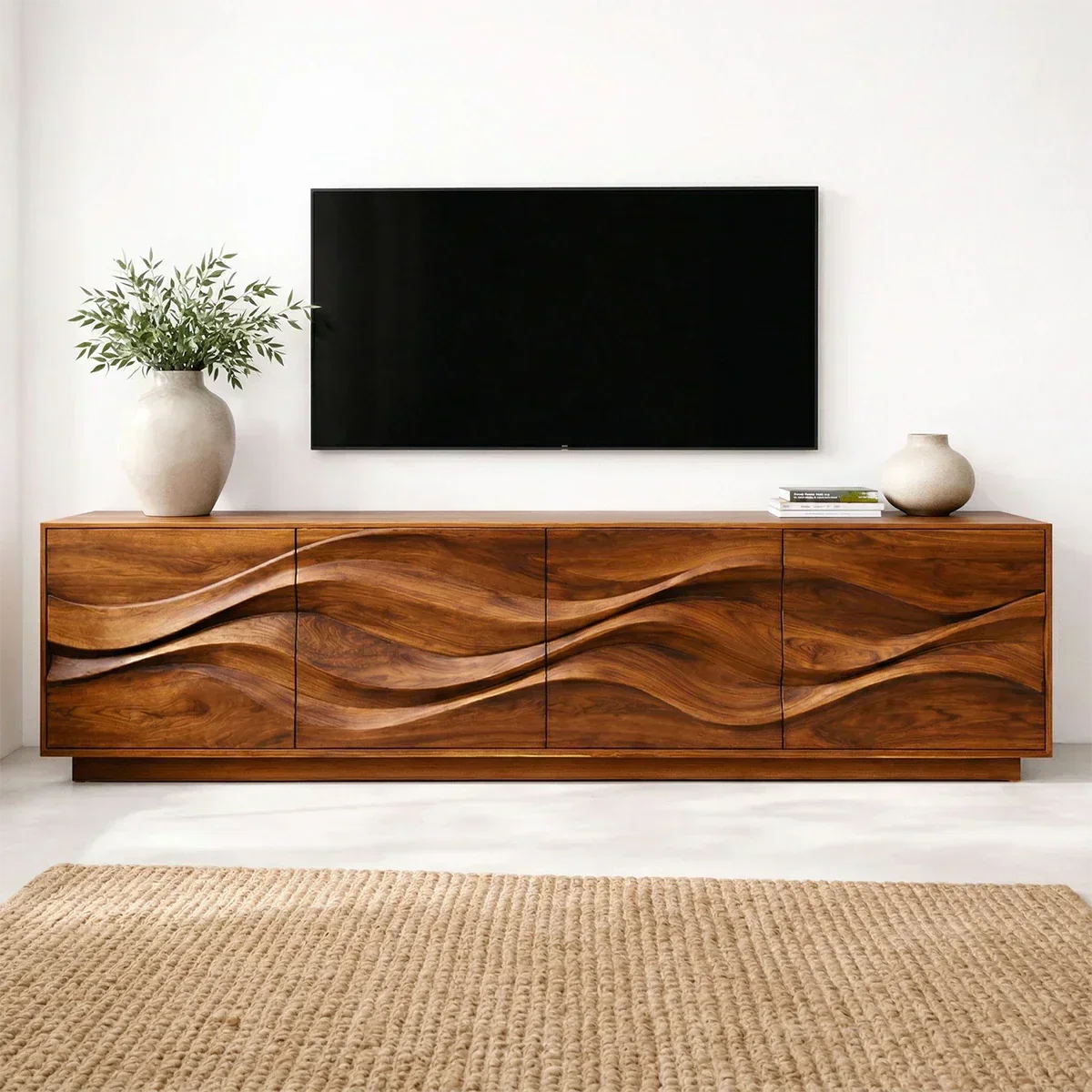 Sculptural Wave Front Solid Wood TV Stand with Storage Cabinets - Woodenecho