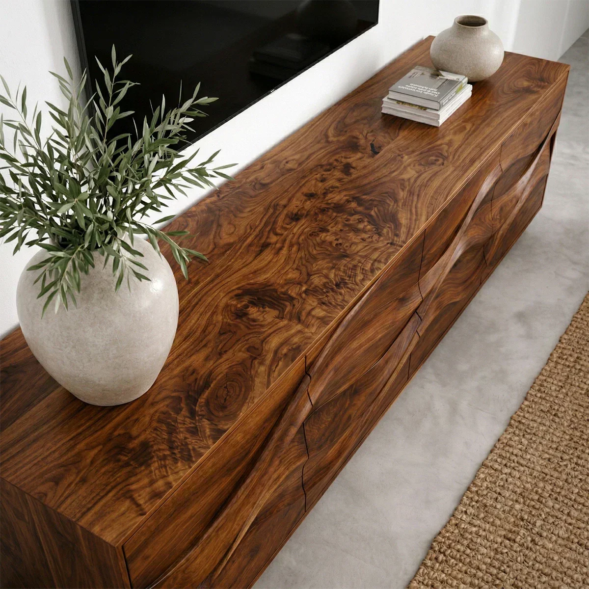 Sculptural Wave Front Solid Wood TV Stand with Storage Cabinets - Woodenecho
