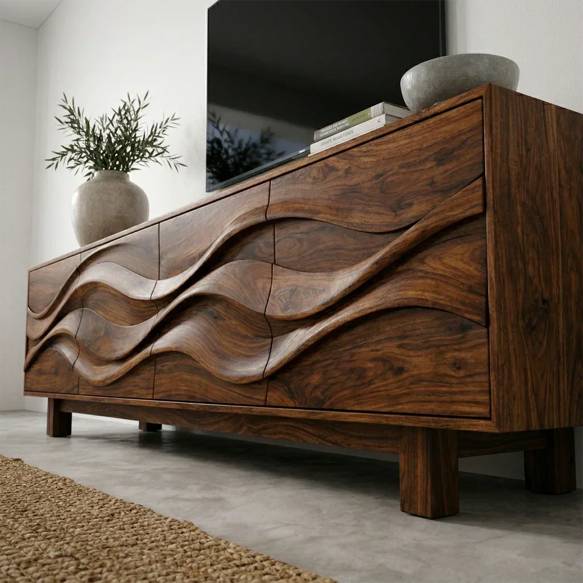Sculptural Wave Front Solid Wood TV Stand with Storage Cabinets - Woodenecho