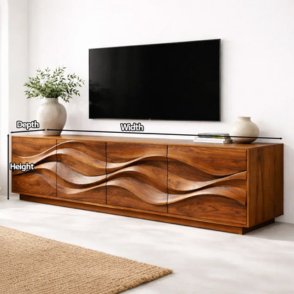 Sculptural Wave Front Solid Wood TV Stand with Storage Cabinets - Woodenecho