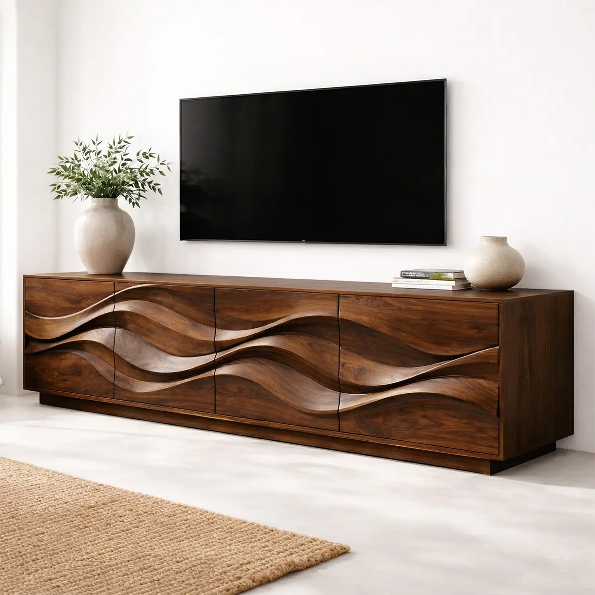 Sculptural Wave Front Solid Wood TV Stand with Storage Cabinets - Woodenecho