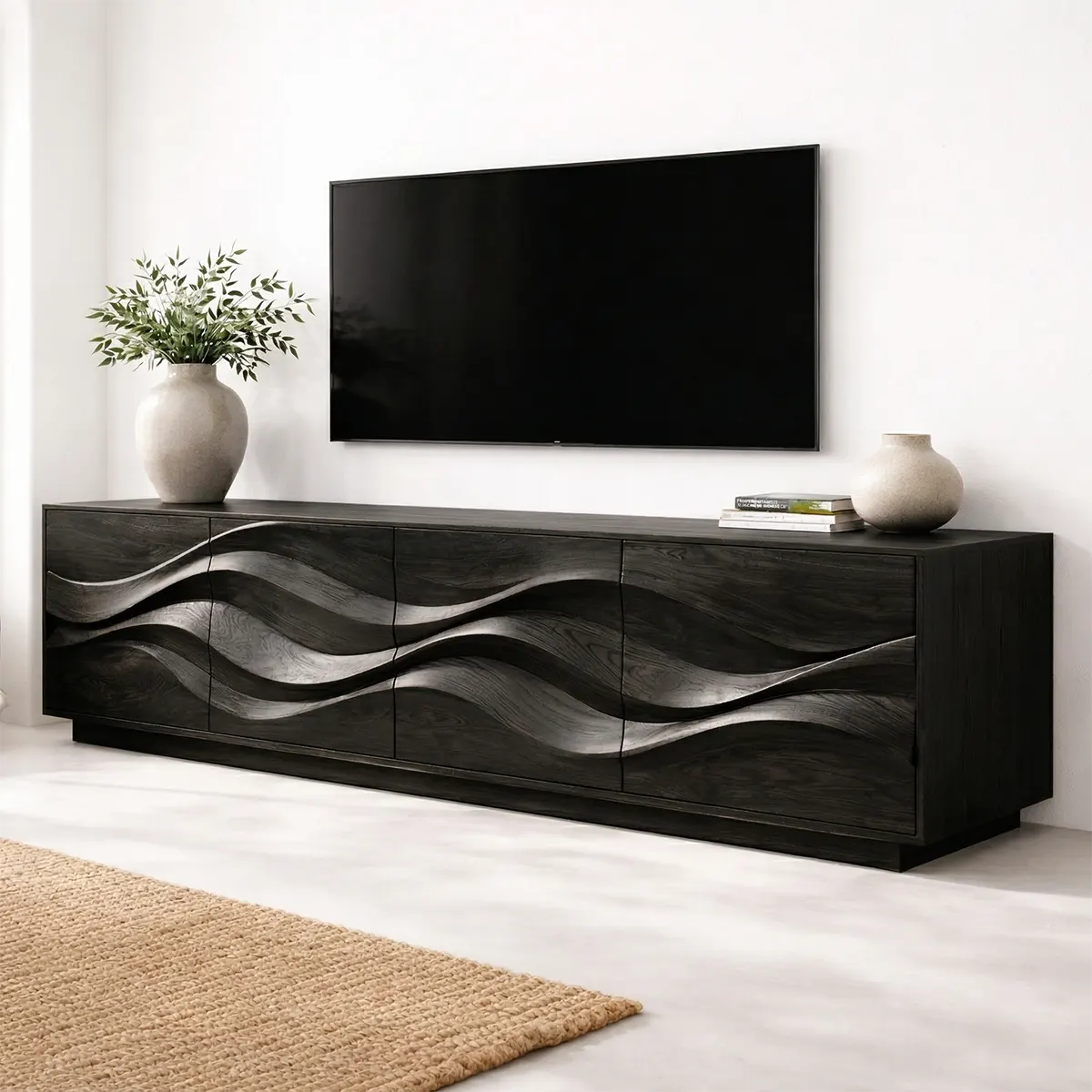 Sculptural Wave Front Solid Wood TV Stand with Storage Cabinets - Woodenecho