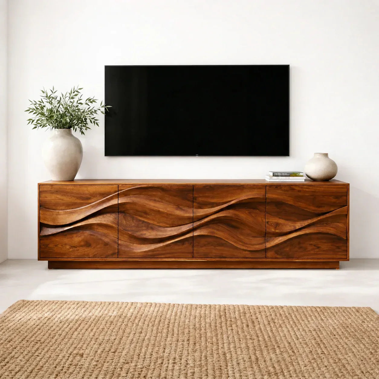 Sculptural Wave Front Solid Wood TV Stand with Storage Cabinets - Woodenecho