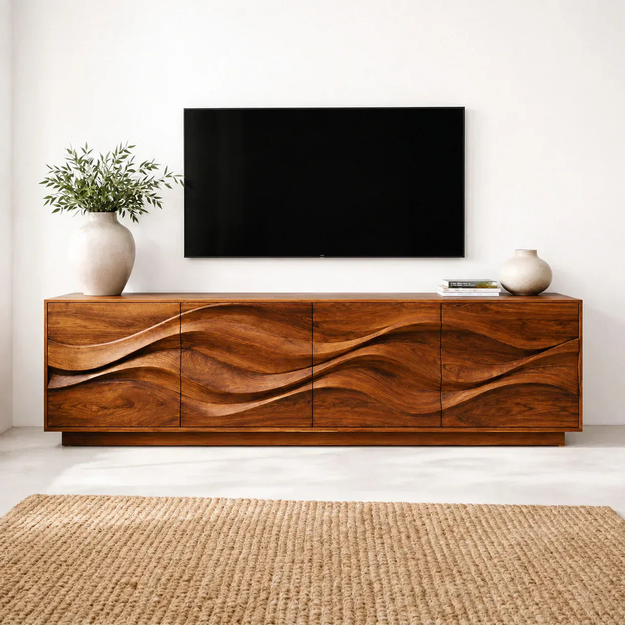 Sculptural Wave Front Solid Wood TV Stand with Storage Cabinets - Woodenecho