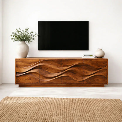 Sculptural Wave Front Solid Wood TV Stand with Storage Cabinets - Woodenecho