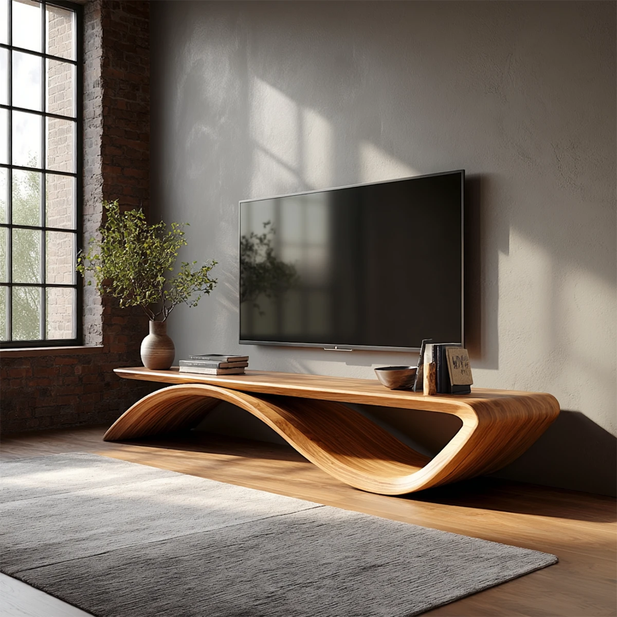 Sculptural Wave Natural Solid Wood TV Stand with Open Base Design - Woodenecho