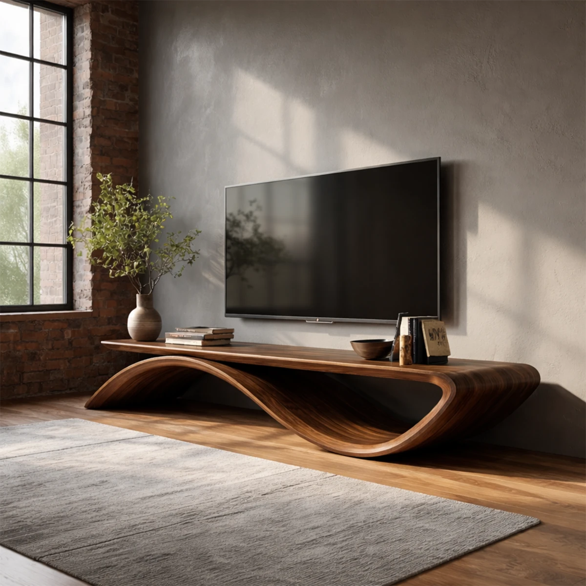 Sculptural Wave Natural Solid Wood TV Stand with Open Base Design - Woodenecho