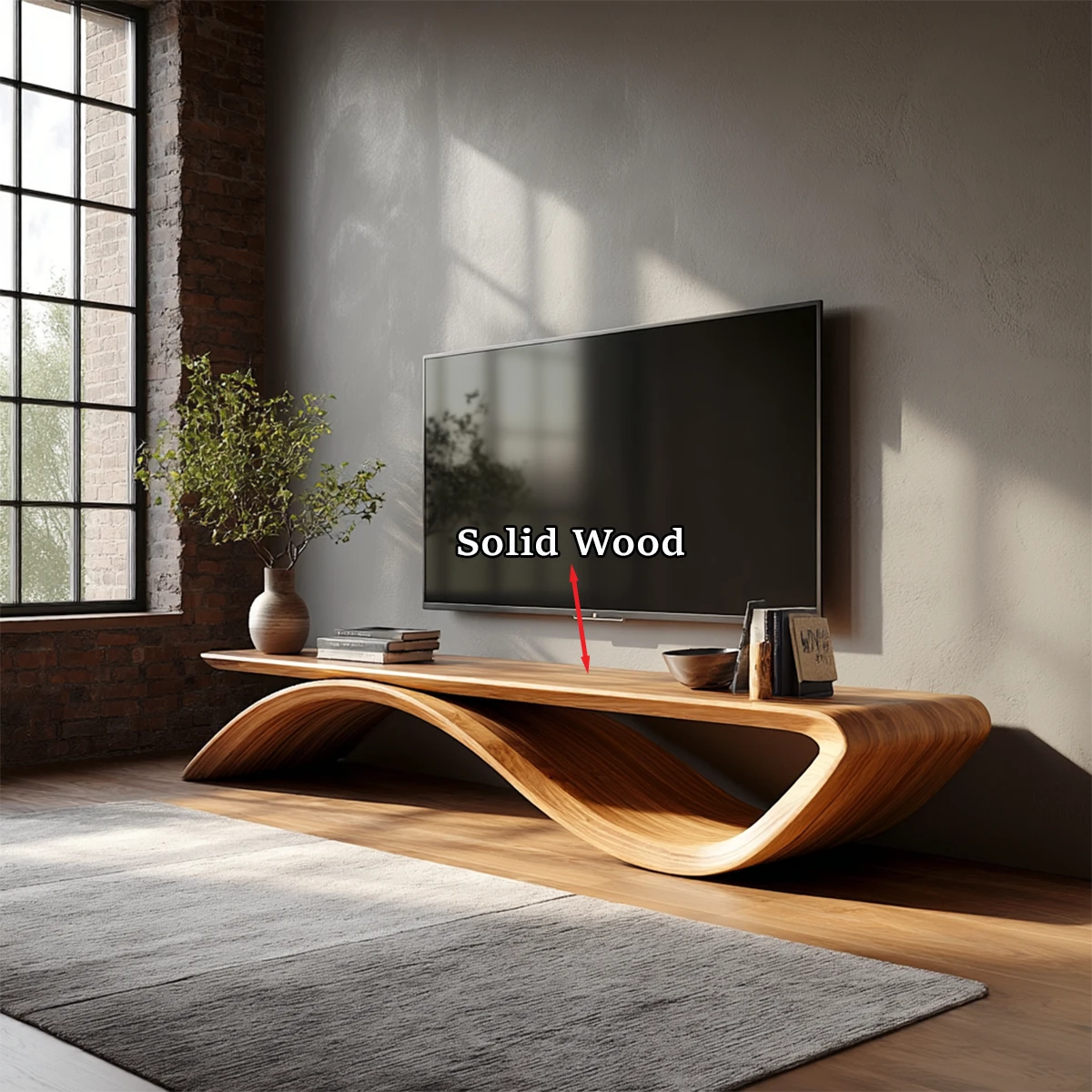 Sculptural Wave Natural Solid Wood TV Stand with Open Base Design - Woodenecho