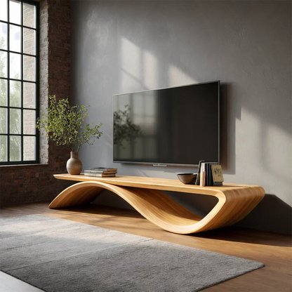 Sculptural Wave Natural Solid Wood TV Stand with Open Base Design - Woodenecho