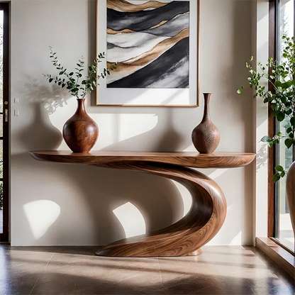 Solid Walnut Finish Wave Console Table – Modern Sculptural Design - Rustirawood