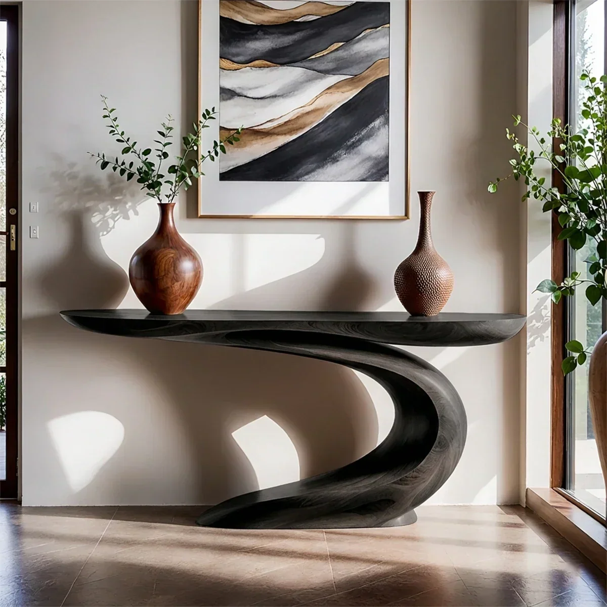 Solid Walnut Finish Wave Console Table – Modern Sculptural Design - Rustirawood