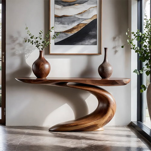 Solid Walnut Finish Wave Console Table – Modern Sculptural Design - Woodenecho
