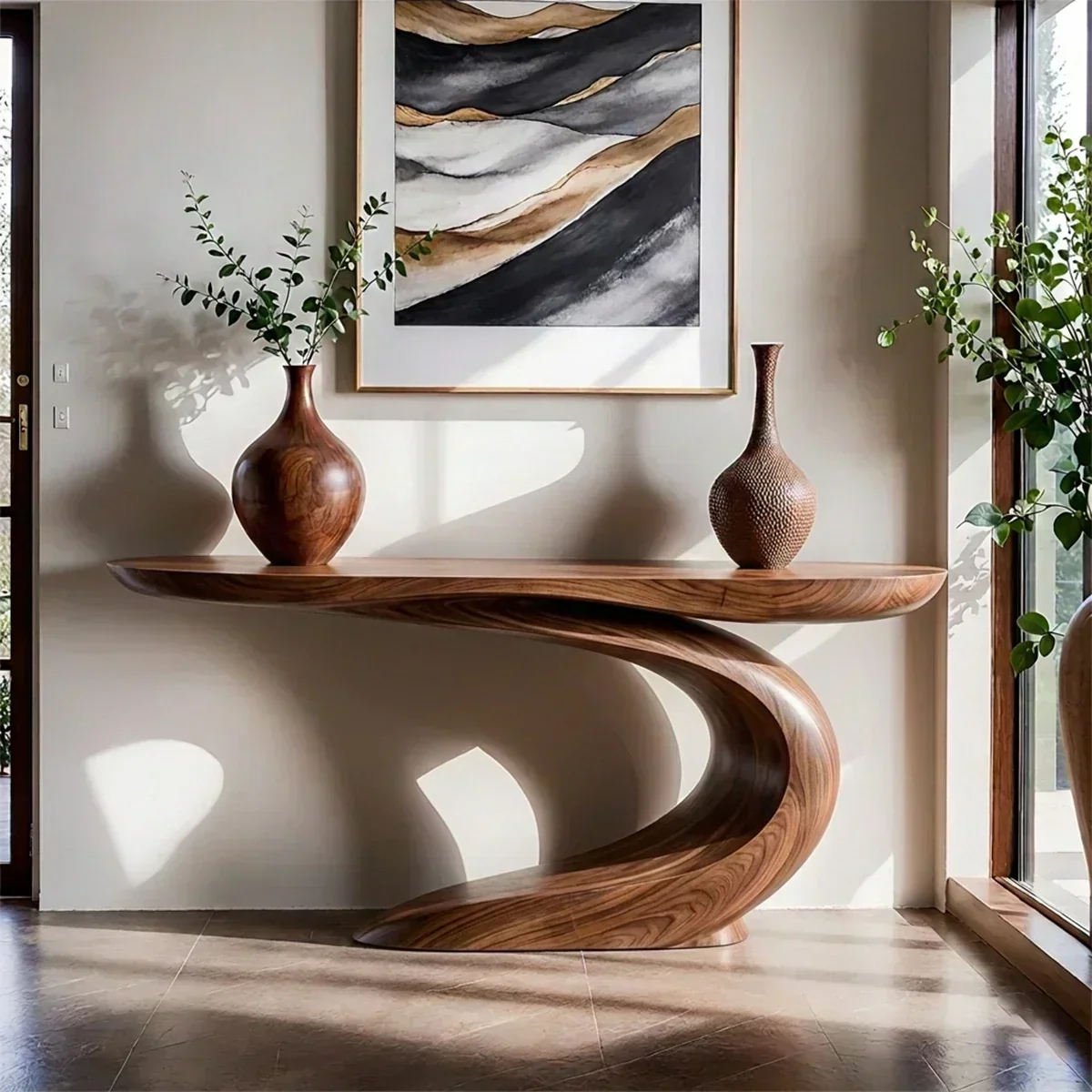 Solid Walnut Finish Wave Console Table – Modern Sculptural Design - Woodenecho