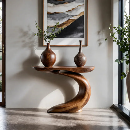 Solid Walnut Finish Wave Console Table – Modern Sculptural Design - Woodenecho