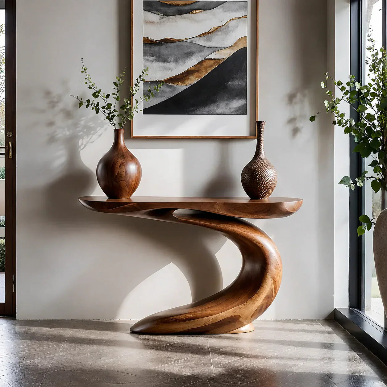 Solid Walnut Finish Wave Console Table – Modern Sculptural Design - Woodenecho