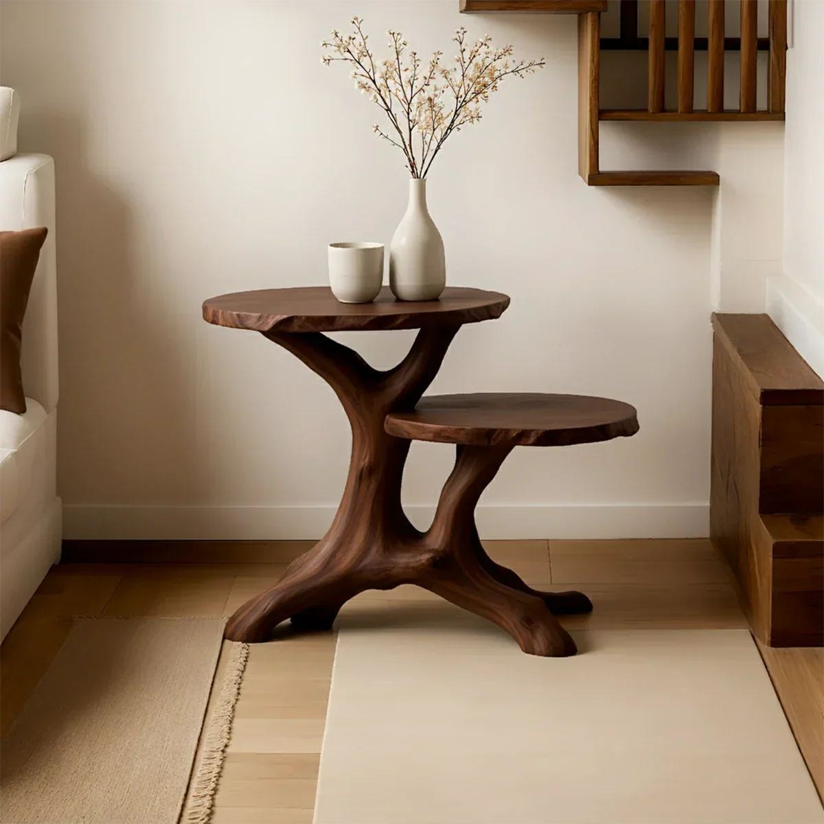 Solid Wood Accent Table – Modern Sculptural Branchform Duo Design - Rustirawood