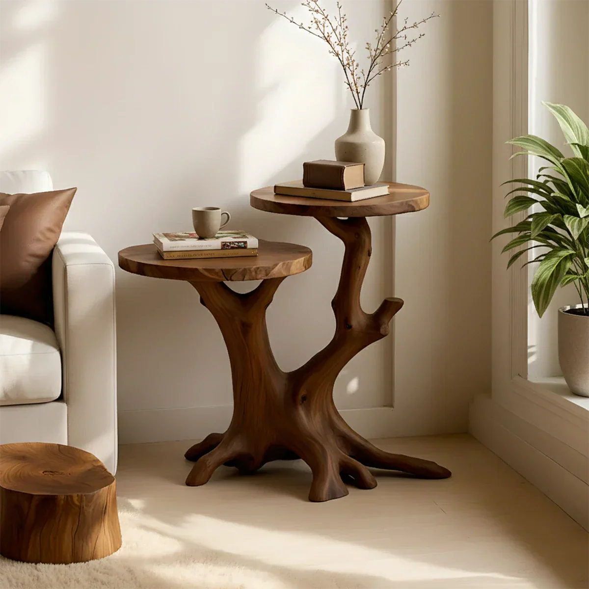 Solid Wood Accent Table – Modern Sculptural Branchform Twin Design - Rustirawood