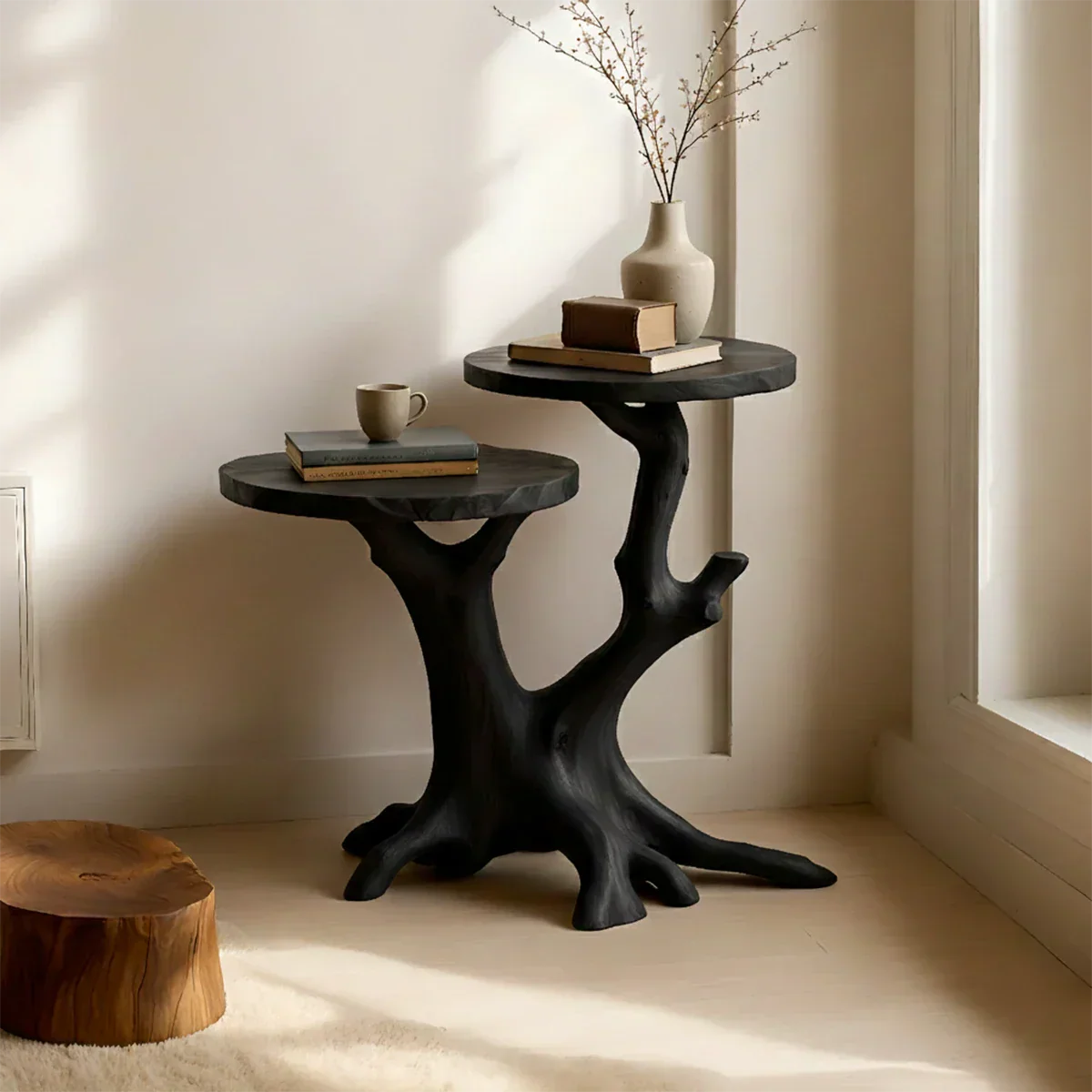 Solid Wood Accent Table – Modern Sculptural Branchform Twin Design - Rustirawood