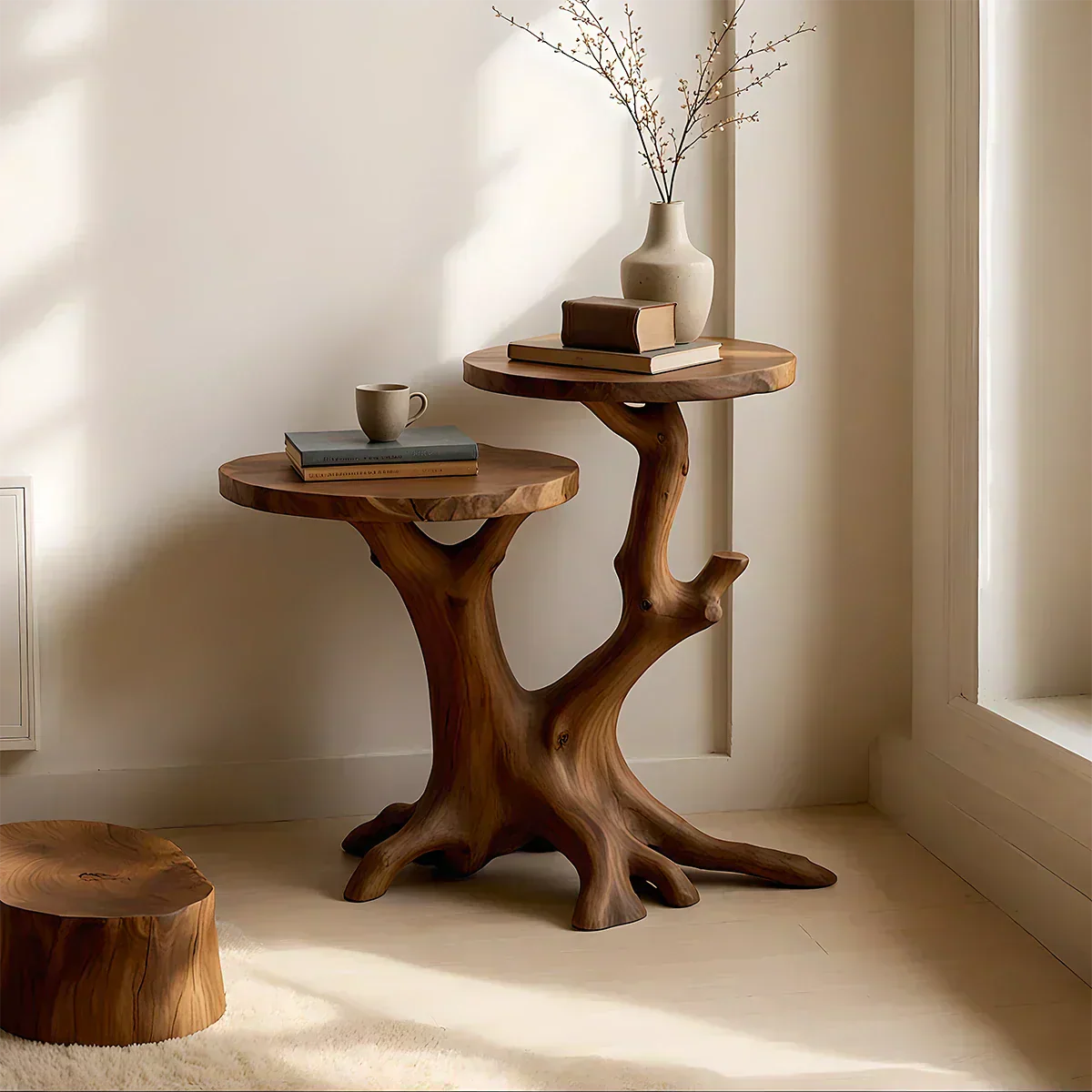 Solid Wood Accent Table – Modern Sculptural Branchform Twin Design - Woodenecho